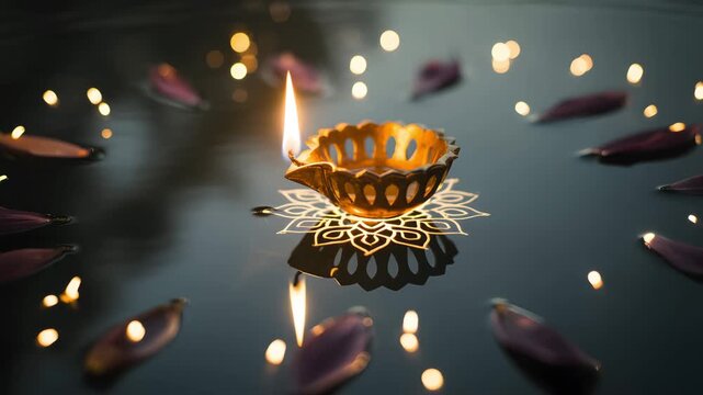 Traditional diwali celebration lamp oil diya lit with warm glowing flame and decorative flower 4K HD high quality video.
