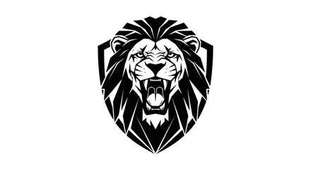 Obraz premium Black and white illustration of a lion's head with an open mouth on a shield
