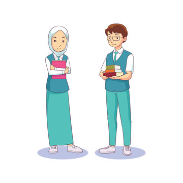 two high school students holding books
