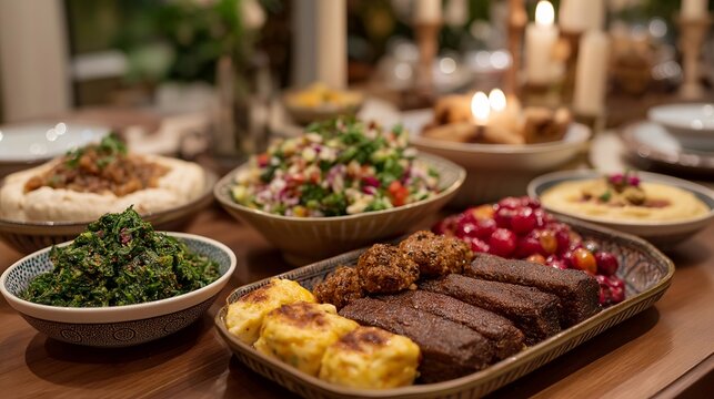 Nowruz table spread featuring healthy Persian dishes, colorful vegetables and lean proteins arranged on traditional haft-seen display, honoring heritage while prioritizing nutritional balance,