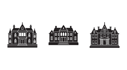 Obraz premium Blackandwhite illustrations of three different large houses with multiple stories and chimneys on white background large residential buildings with varied architectural styles and designs