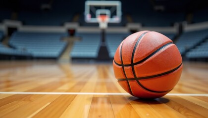 Naklejka premium Basketball lying on wooden floor of empty arena. Competition ball on indoor court court in stadium. Professional sport equipment, game preparation and athletic training concept for match.