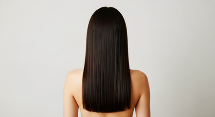 Obraz premium Back view of a person with long straight dark brown hair against a light gray background