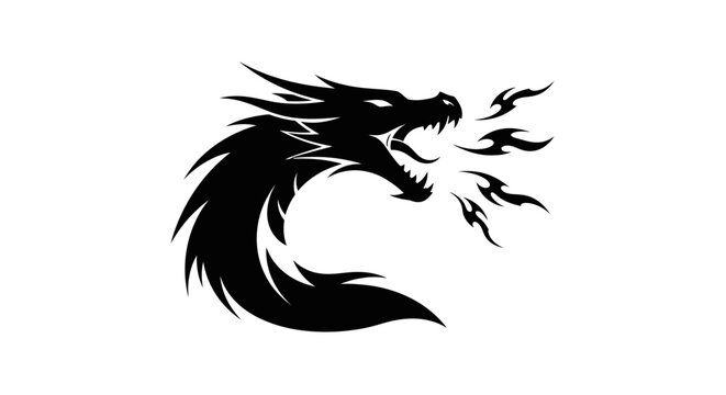 Black silhouette of a dragon's head breathing fire on a white background.