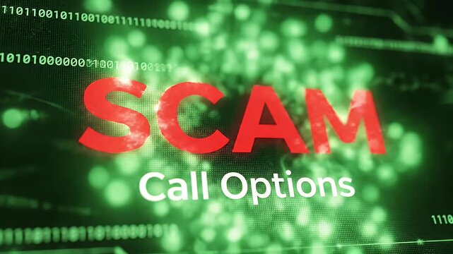 The word "SCAM" in red appears over a dark green, digital background with binary code