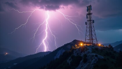 Fototapeta premium Lightning strike hitting mountain peak near communication tower. Powerful thunderstorm with electricity discharge at night. Telecommunication infrastructure during extreme weather condition.