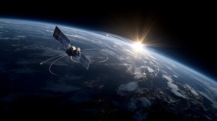 Fototapeta premium Before and after concept displaying orbital mechanics simulation with satellite deployment sequence stages, trajectory calculations transforming into actual constellation formation patterns,