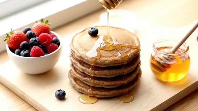 Syrup poured on stack of pancakes served with mixed berries. Studio shot. Food photography. Gastronomy. Still life. Breakfast. Eating.