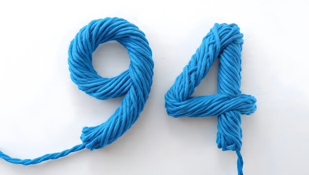 Blue yarn forming the number 94 on white background