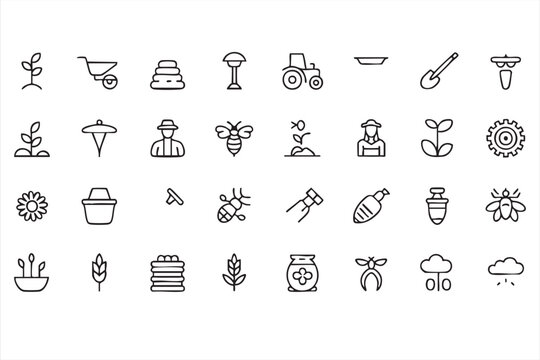 Honey Production Outline Icons Featuring Bee Farming Tools, Apiary Systems and Pollination Agriculture Symbols