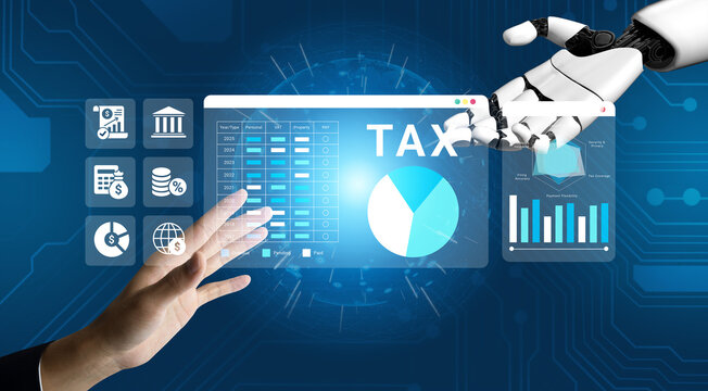 A human and a robotic hand interact with a digital interface displaying tax data, highlighting the future of finance through collaboration and innovative technology. Ledger