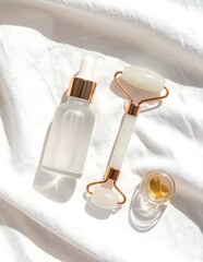 A serene arrangement of skincare products on a white fabric