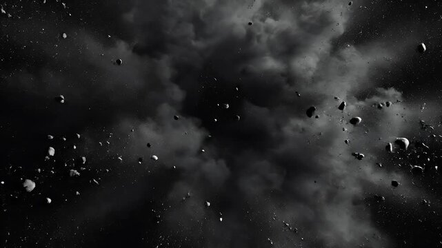 Dark explosive cloud with fragments scattering outwards in a monochrome, chaotic burst
