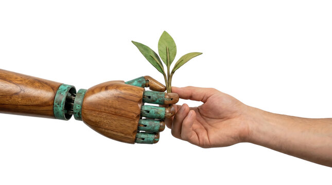 ロボットの手から人の手へ若葉が託される未来社会の信頼と共生の象徴