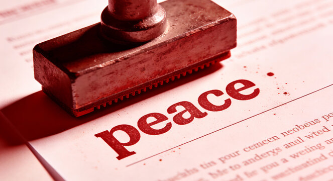 Wooden Rubber Stamp Pressing Peace Word On Official White Paper
