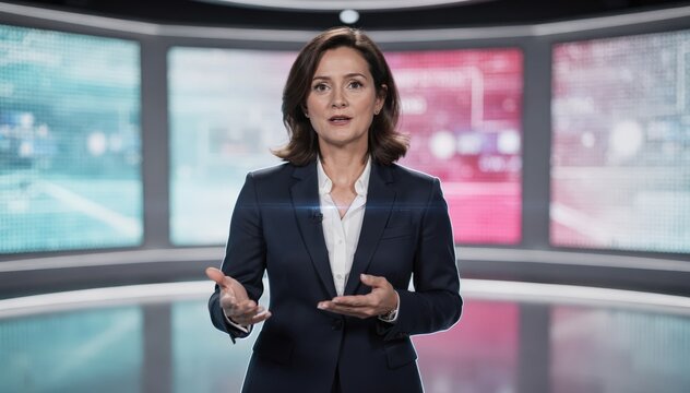 News explainer delivering key points in a futuristic virtual set with bright LED visuals softly blurred behind the sharply focused presenter.