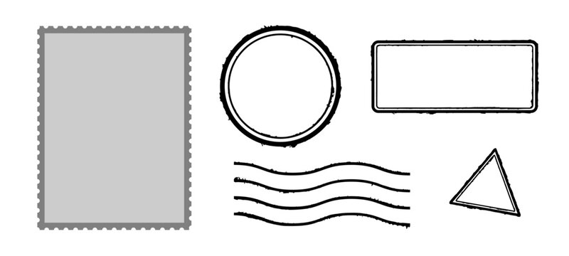 Vector set of empty rubber stamp shapes with a shabby, scratched, grunge look for vintage design mockups. Customizable blank stamps for creative templates and unique designs.