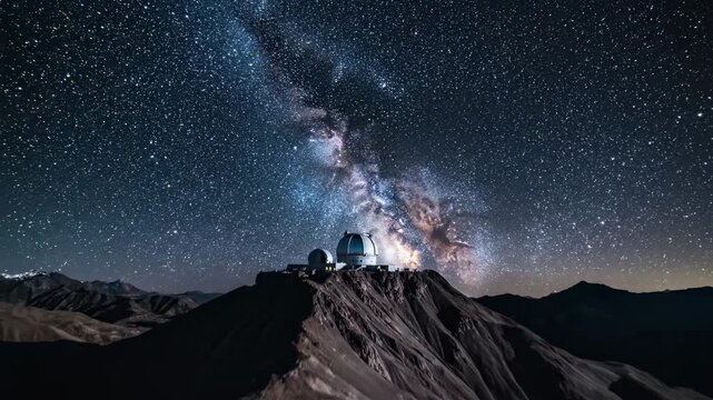 Observatory under the milky way galaxy sparkling night sky above mountain peak for cosmic exploration and scientific research footage