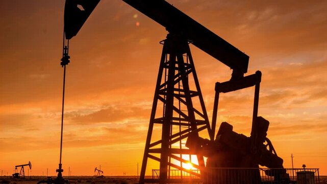 Crude oil price pumpjack silhouette sunset industrial landscape orange sky energy industry oilfield investment market outlook