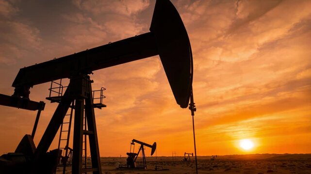 Crude oil price pumpjack silhouette sunset desert producing energy with glowing orange sky evoking market shift and industry