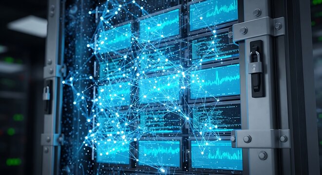 Futuristic Data Server Network with Glowing Connections