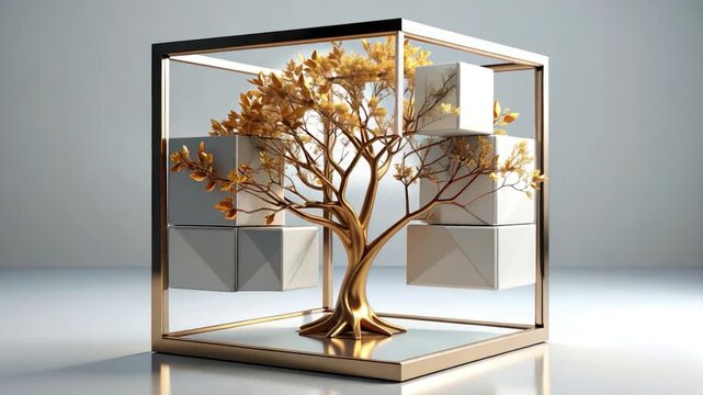 Gold tree within a gold cage with floating white geometric shapes