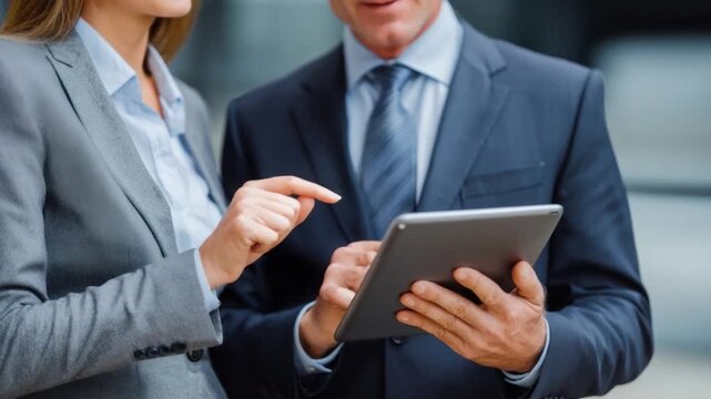 Business Insight: Two professional business colleagues are deeply engrossed in a crucial discussion, their attention fixated on a tablet.