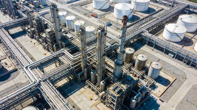 Crude oil price refinery plant industrial complex aerial view storage tank pipeline network piping tower conveying fuel energy