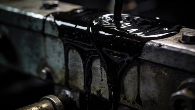 Crude oil price glossy black oil pouring over metal machinery and engine block creating moody industrial texture reflection