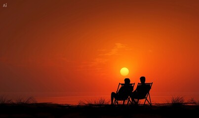 Obraz premium Couple in sunset on deck chairs silhouette 