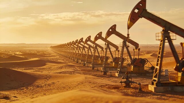 Crude oil price pumpjack row in desert at sunset conveying industrial energy landscape with warm light emotive resilience