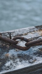 Fototapeta premium Weathered Seaside Pier Chain Link Texture Evokes Coastal Decay and Atmospheric Blue Gray Beauty