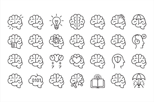 Mental Health and Cognitive Science Outline Icons Featuring Brain Concepts