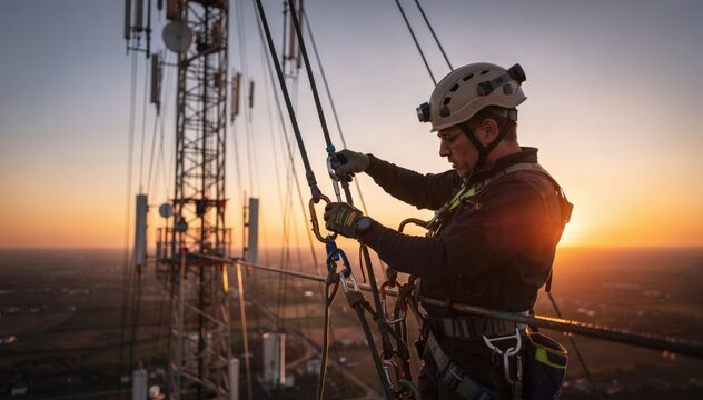 Sunset light highlights a certified technician performing safety checks on tower guy wires with the climber in focus and the fading horizon gently out of focus.