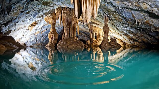 Reflected stalactites and still teal water in a majestic limestone cave interior with dramatic lighting and ripples on calm surface