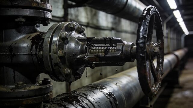 Crude oil price valve dripping industrial pipeline conveying dark liquid and rugged metal texture with moody atmosphere impacting