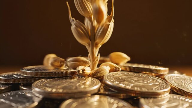 Prosperous financial asset of golden grain commodity promises high return and positive yield with gold coin for agricultural growth and success