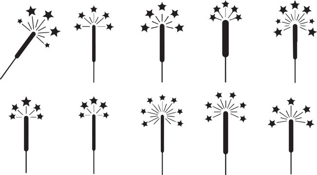 Black and white sparklers with starburst effects illustration set