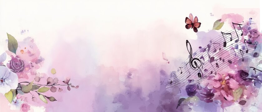 Watercolor cherry blossoms and musical notes, artistic background for concert flyers, poetry books, or wedding stationery, delicate and dreamy.