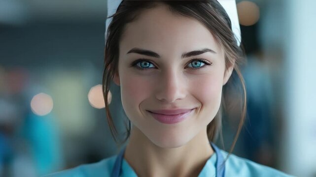 Compassionate Caregiver: A close-up portrait of a radiant nurse with warm eyes. The scene exudes professionalism, empathy, and hope. A symbol of healthcare.