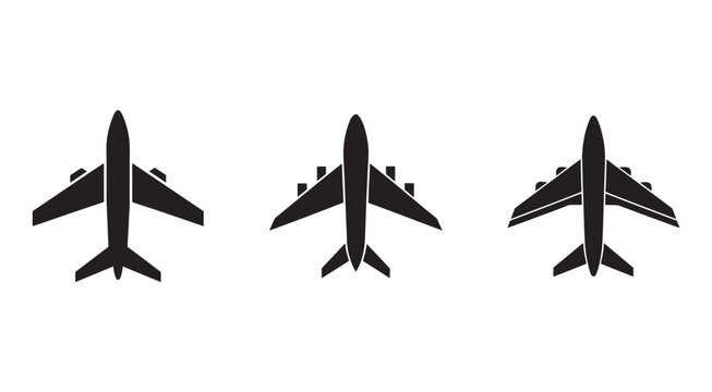 Three airplane silhouettes in different angles  rear views of aircrafts  air travel icons  transportation symbols