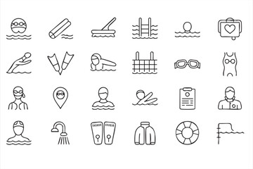 Swimming pool equipment and swimmer activity vector line icons for aquatic sports and training © ALI
