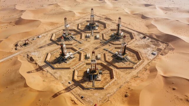 Crude oil price desert drilling rig aerial view with six hexagonal rigs and well pads capturing industrial isolation sunlight