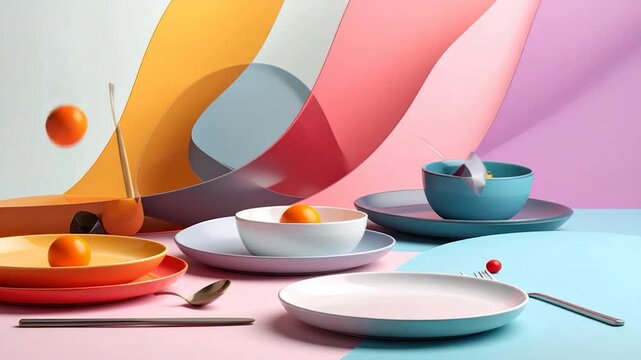 Playful arrangement of plates, bowls, and oranges with abstract colorful backdrop