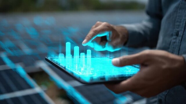 Digital Efficiency: An individual, deeply engaged in the interface of a tablet, skillfully manipulates data visualizations that are superimposed on a field of solar panels.