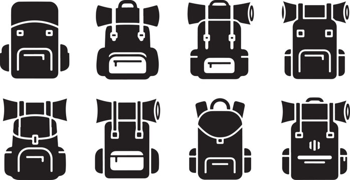 Collection of various backpacks and school bags icons set