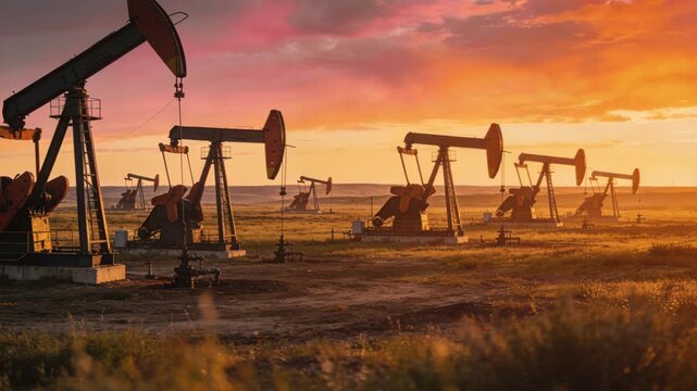 Crude oil price pumpjack oilfield sunset landscape silhouette field sunset glow industrial extraction energy industry dusk with