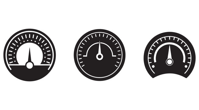 Three black and white gauge meter icons for measurement and monitoring  speedometer and tachometer style gauges