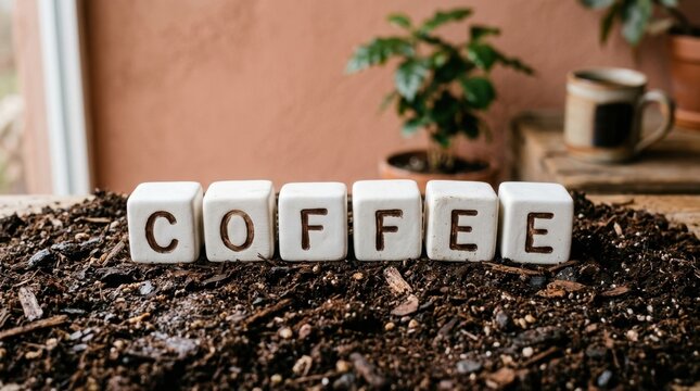 White Cubes Spelling Out 'Coffee' Placed on Dark Soil with a Coffee Plant in the Background