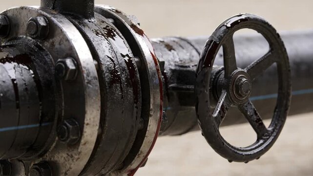 Oily metal pipe valve pipeline oil leak metal flange crude oil price leaking oil steel valve wheel conveying viscous black liquid